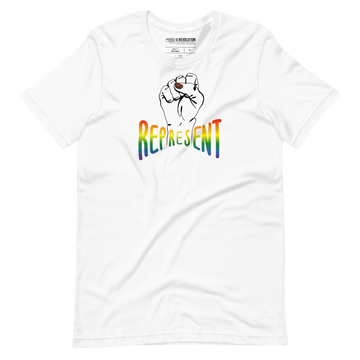 White Represent Pride T-shirt. In the middle of the represent pride tee is a black line drawing of a raised clenched fist, with the handwritten word "represent," written in blended upper case rainbow pride colors: red, orange, yellow, green, indigo, and violet.