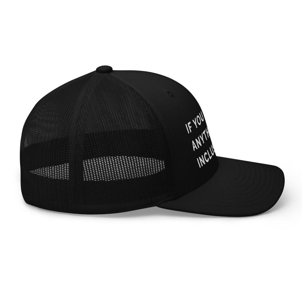 This is a side view of the mesh panels of a Be Anything Be Inclusive Trucker Cap. The cap visor is partially visible. 