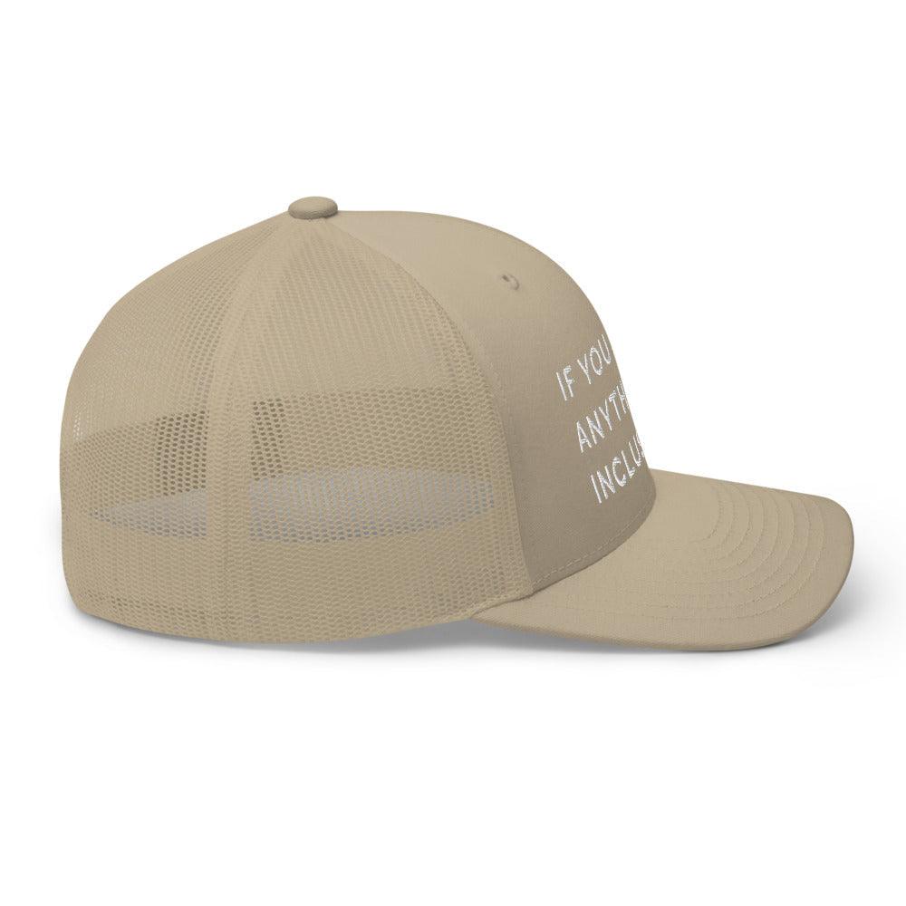 This is a side view of the mesh panels of a Be Anything Be Inclusive Trucker Cap. The cap visor is partially visible. 