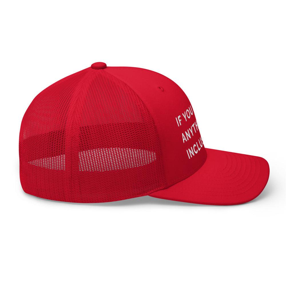 This is a side view of the mesh panels of a Be Anything Be Inclusive Trucker Cap. The cap visor is partially visible. 
