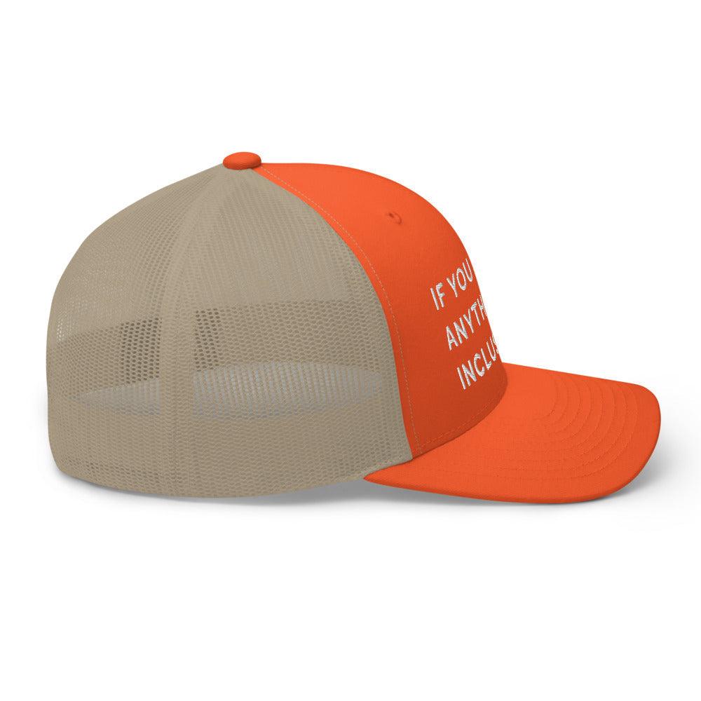 This is a side view of the mesh panels of a Be Anything Be Inclusive Trucker Cap. The cap visor is partially visible. 