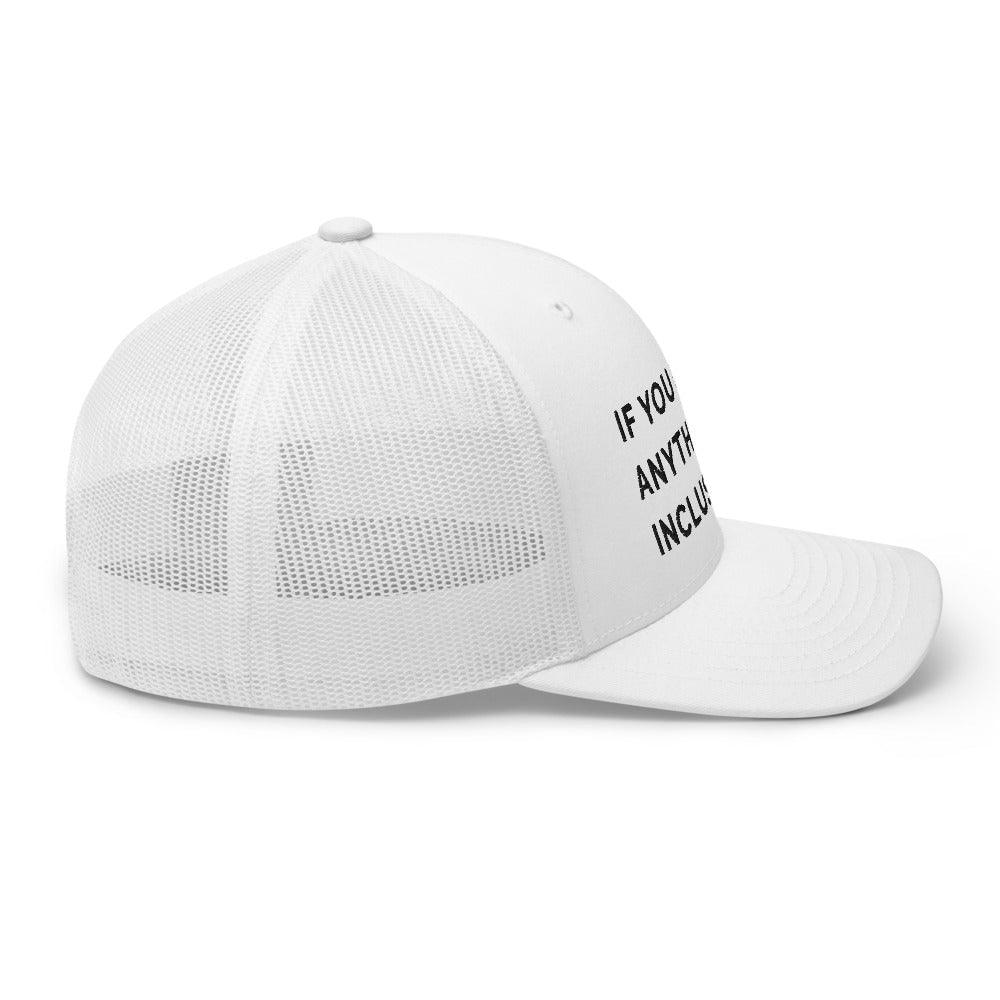 This is a side view of the mesh panels of a Be Anything Be Inclusive Trucker Cap. The cap visor is partially visible. 