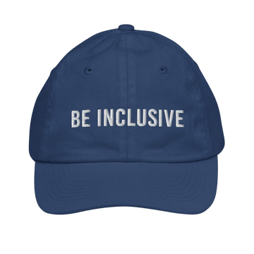 A photo of a royal blue Be Inclusive Youth Baseball Cap. Embroidered on the front panel of the cap is the phrase, Be Inclusive, in white upper case letters.