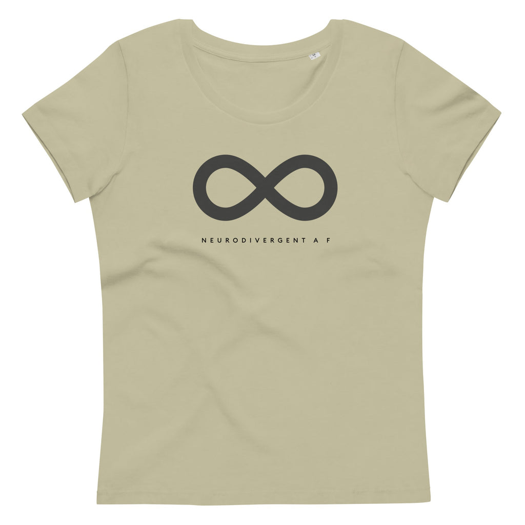 This is a photo of a sage premium organic Neurodivergent AF Shirt. In the top third of the Neurodivergent AF tee, there is a black infinity symbol. Under the symbol is the phrase, 'Neurodivergent AF,' in black upper case letters.