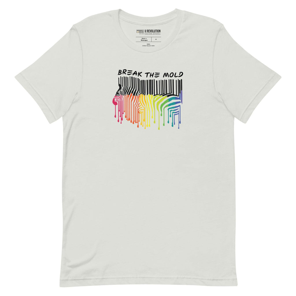 This is a photo of a Break the Mold t-shirt. In the middle of the t-shirt is a graphic of zebra in the silhouette of a barcode. The top half of the zebra are vertical black stripes, which then change just below the back into the colors of the rainbow. The bottom of each stripe has a paint drip mark. Just above the zebra's back is the phrase, in upper case, 'break the mold.' 