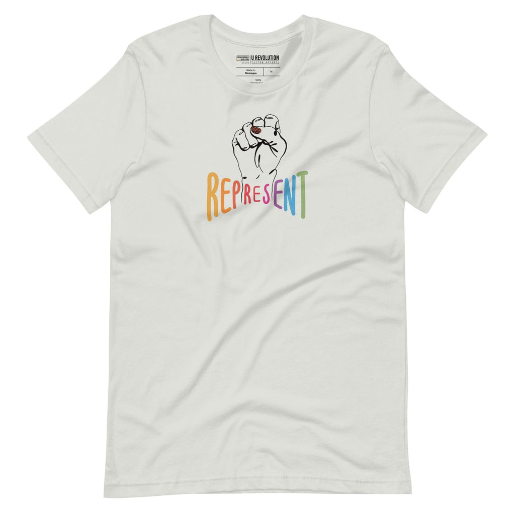Silver represent t-shirt. In the middle of the represent shirt is a black line drawing of a raised clenched fist, with the handwritten word "represent," written in upper case rainbow colors.