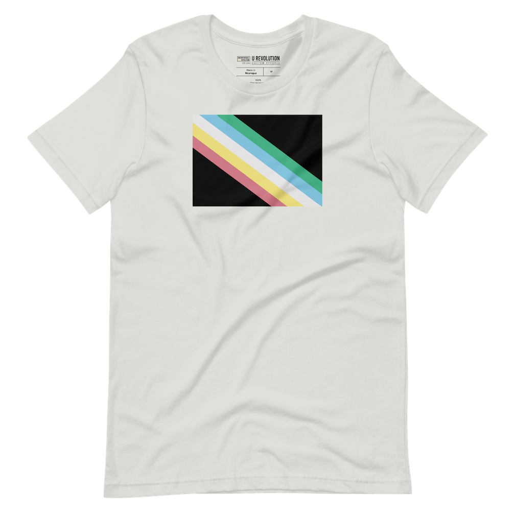 This is an image of a disability pride flag shirt. In the middle of the t-shirt is a dark grey-black background with five diagonal stripes in this order: red, yellow, white, blue, and green (when looking from the bottom up).