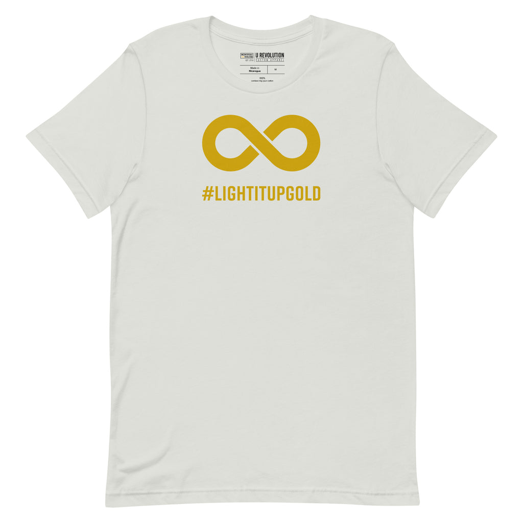 This is a photo of a silver Light It Up Gold t-shirt. The tee has the word #LightItUpGold printed in large upper case letters beneath a solid line infinity symbol. The symbol and text are colored gold. 