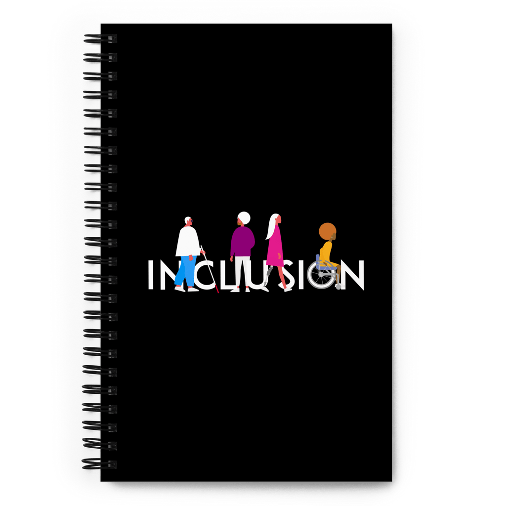 A spiral black Disability Inclusion Notebook. The Inclusion notebook features a unique Inclusion design, with the word Inclusion in white upper case letters. The INCLUSION word has figures of different disabled people interspersed among the INCLUSION letters.
