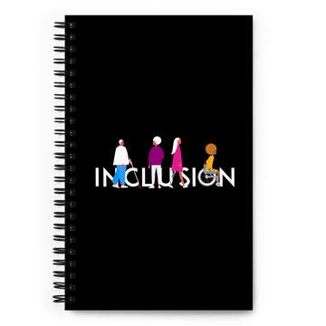 A spiral black Disability Inclusion Notebook. The Inclusion notebook features a unique Inclusion design, with the word Inclusion in white upper case letters. The INCLUSION word has figures of different disabled people interspersed among the INCLUSION letters.