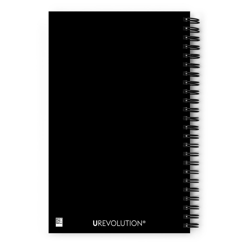 This is a photo of the back of a black notebook. In the bottom left corner is a white QR barcode and the word URevolution in white upper case letters.