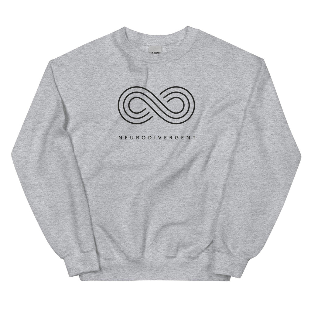 This is a photo of a sport-grey neurodivergent sweatshirt. In the top middle third of the sweatshirt is an elegant black infinity symbol consisting of three thin black lines. Just below the symbol is the word Neurodivergent in elegant upper case black letters.