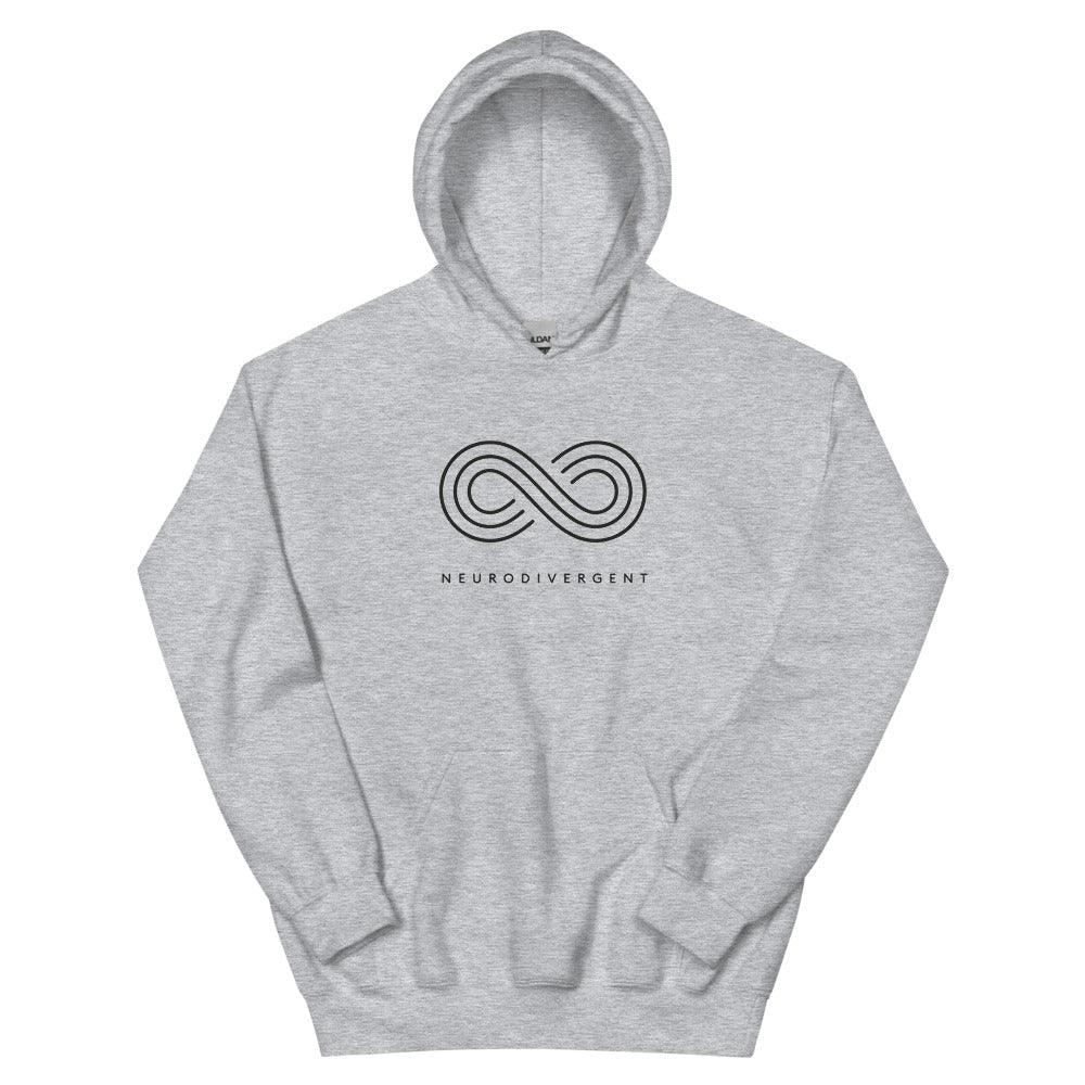 This is a photo of a heavy blend sport grey Neurodivergent Hoodie. In the top third of the Neurodivergent Hoodie, there is an elegant black infinity symbol consisting of three interwoven white lines. Under the symbol is the phrase, 'neurodivergent.'
