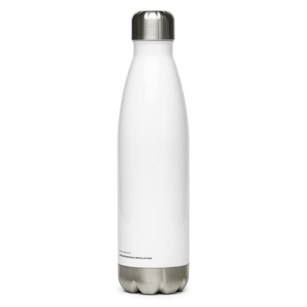 The no medical advice water bottle is white, shaped like a bowling pib, with black text that reads: "no. 57. Tears of the last person that gave me medical advice. With hints of lemon and chamomile." The bottle is shaped like a bowling pin. At the bottom of the bottle is the measurement 17 OZ and the words, Uncomfortable Revolution