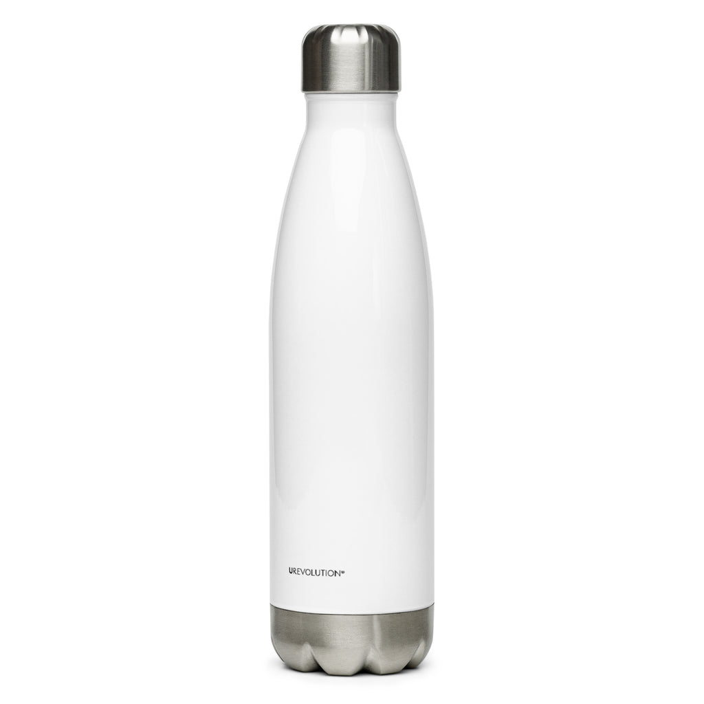 This is a photo of a white inclusion rebel water bottle that has a large colorful hand-drawn illustration of a right eye in the middle of the water bottle. There is an eyeliner design above their right eye. The design includes a series of lines drawn in the colors of the LGTB flag with the words, Inclusion Rebel, outlined in a handwriting style above the lines.