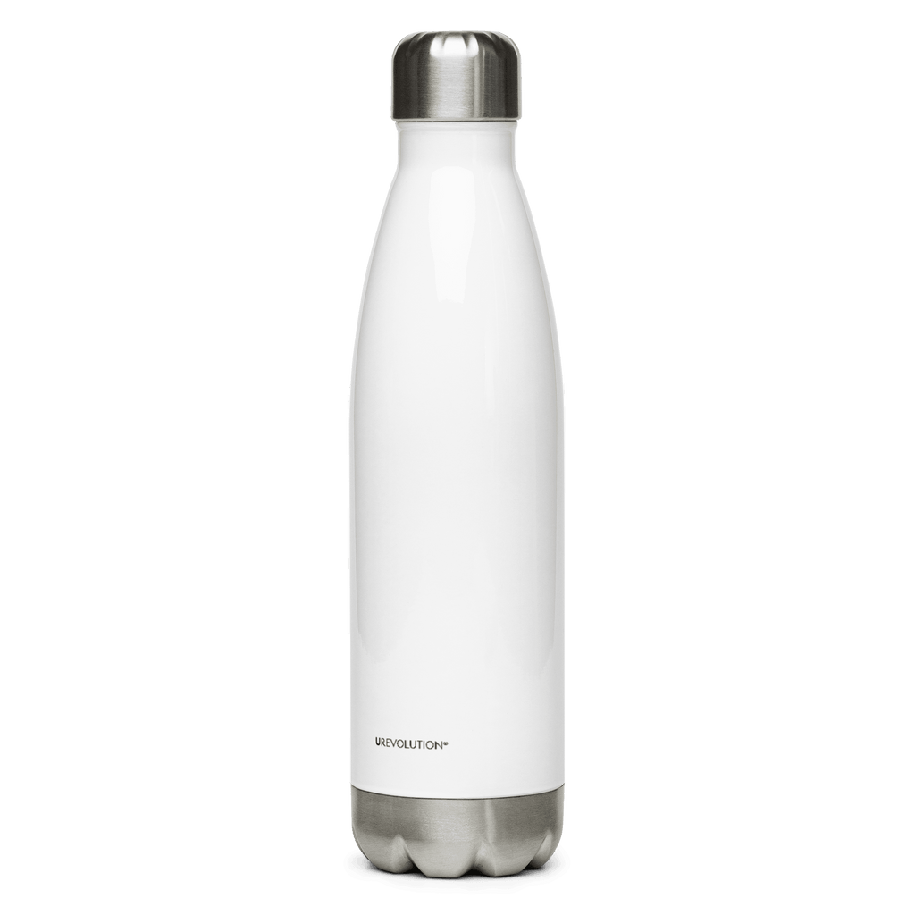 This is a photo of a white Break the Mold water bottle. In the middle of the water bottle is a graphic of zebra in the silhouette of a barcode. The top half of the zebra are vertical black stripes, which then change just below the back into the colors of the rainbow. The bottom of each stripe has a paint drip mark. Just above the zebra's back is the phrase, in upper case, 'break the mold.' On the other side of Break the Mold water bottle is the word "URevolution" in small black upper case letters.