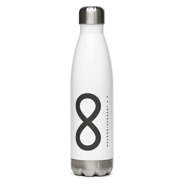 This is a photo of a white Neurodivergent AF water bottle. In the middle of the Neurodivergent AF water bottle, there is a black infinity symbol. Under the symbol is the phrase, 'Neurodivergent AF,' in black upper case letters.