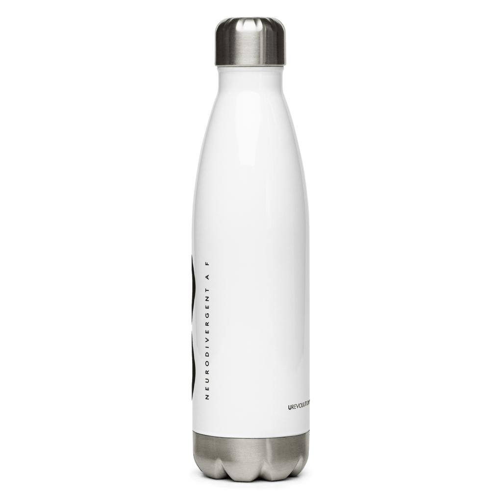 This is a photo of a white Neurodivergent AF water bottle. In the middle of the Neurodivergent AF water bottle, there is a black infinity symbol. Under the symbol is the phrase, 'Neurodivergent AF,' in black upper case letters.