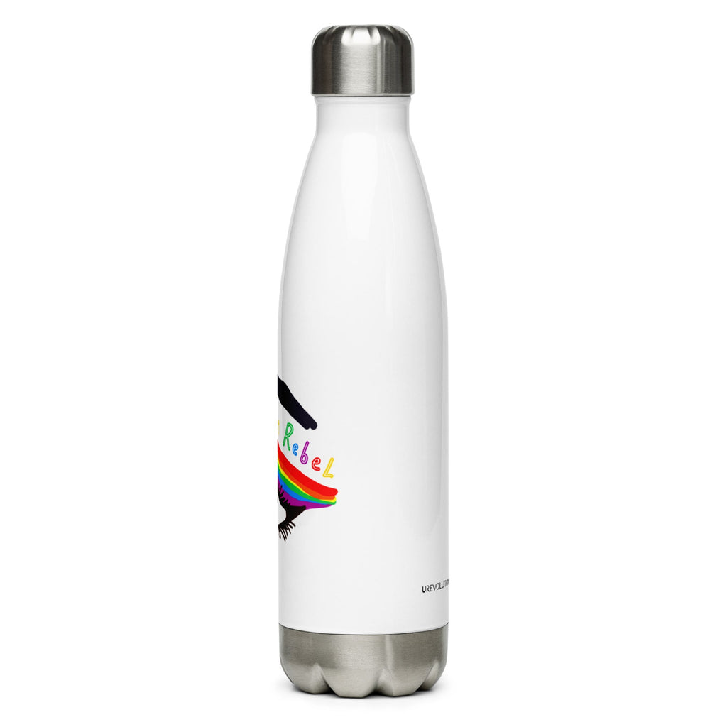This is a photo of a white inclusion rebel water bottle that has a large colorful hand-drawn illustration of a right eye in the middle of the water bottle. There is an eyeliner design above their right eye. The design includes a series of lines drawn in the colors of the LGTB flag with the words, Inclusion Rebel, outlined in a handwriting style above the lines.