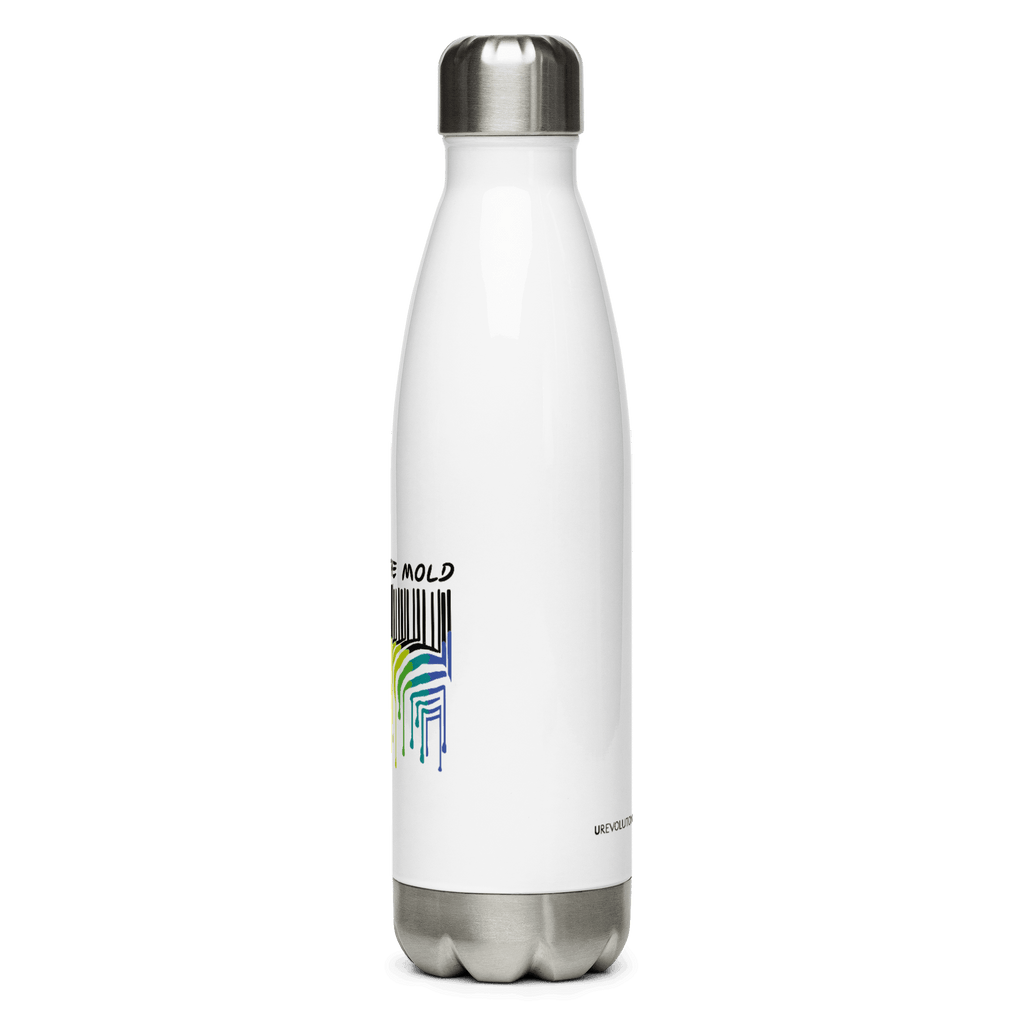 This is a photo of a white Break the Mold water bottle. In the middle of the water bottle is a graphic of zebra in the silhouette of a barcode. The top half of the zebra are vertical black stripes, which then change just below the back into the colors of the rainbow. The bottom of each stripe has a paint drip mark. Just above the zebra's back is the phrase, in upper case, 'break the mold.' On the other side of Break the Mold water bottle is the word "URevolution" in small black upper case letters.