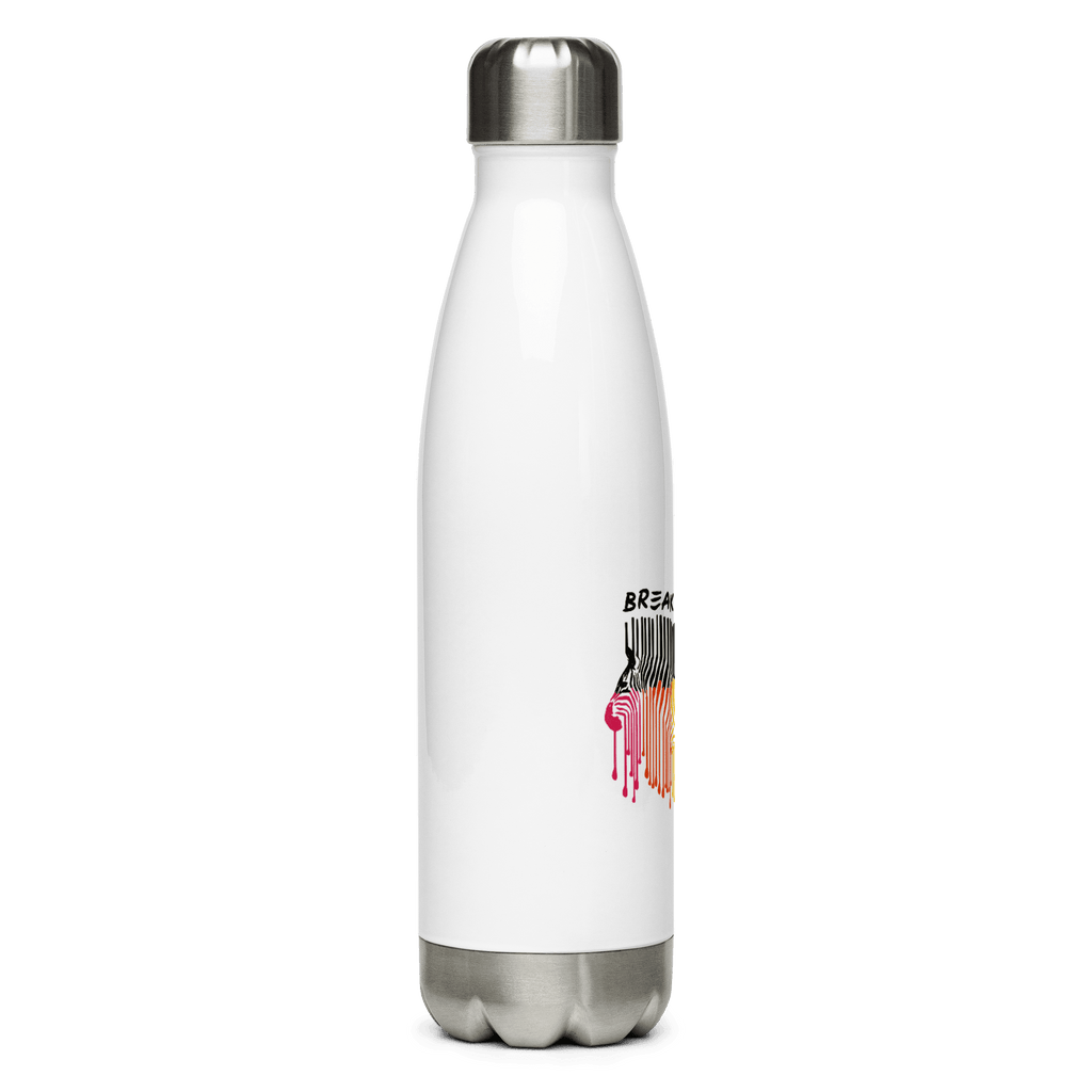 This is a photo of a white Break the Mold water bottle. In the middle of the water bottle is a graphic of zebra in the silhouette of a barcode. The top half of the zebra are vertical black stripes, which then change just below the back into the colors of the rainbow. The bottom of each stripe has a paint drip mark. Just above the zebra's back is the phrase, in upper case, 'break the mold.' On the other side of Break the Mold water bottle is the word "URevolution" in small black upper case letters.