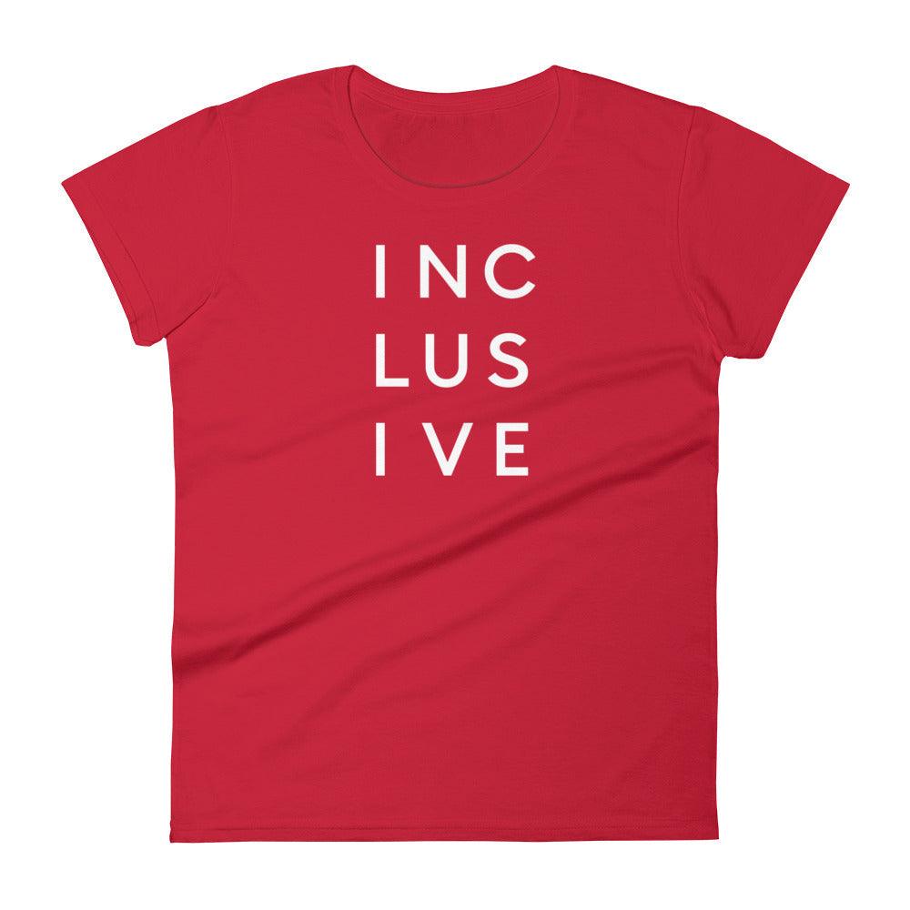 A true red INCLUSIVE Women’s Cut T-Shirt – a sleek, tailored-fit cotton tee designed to flatter the natural silhouette.
