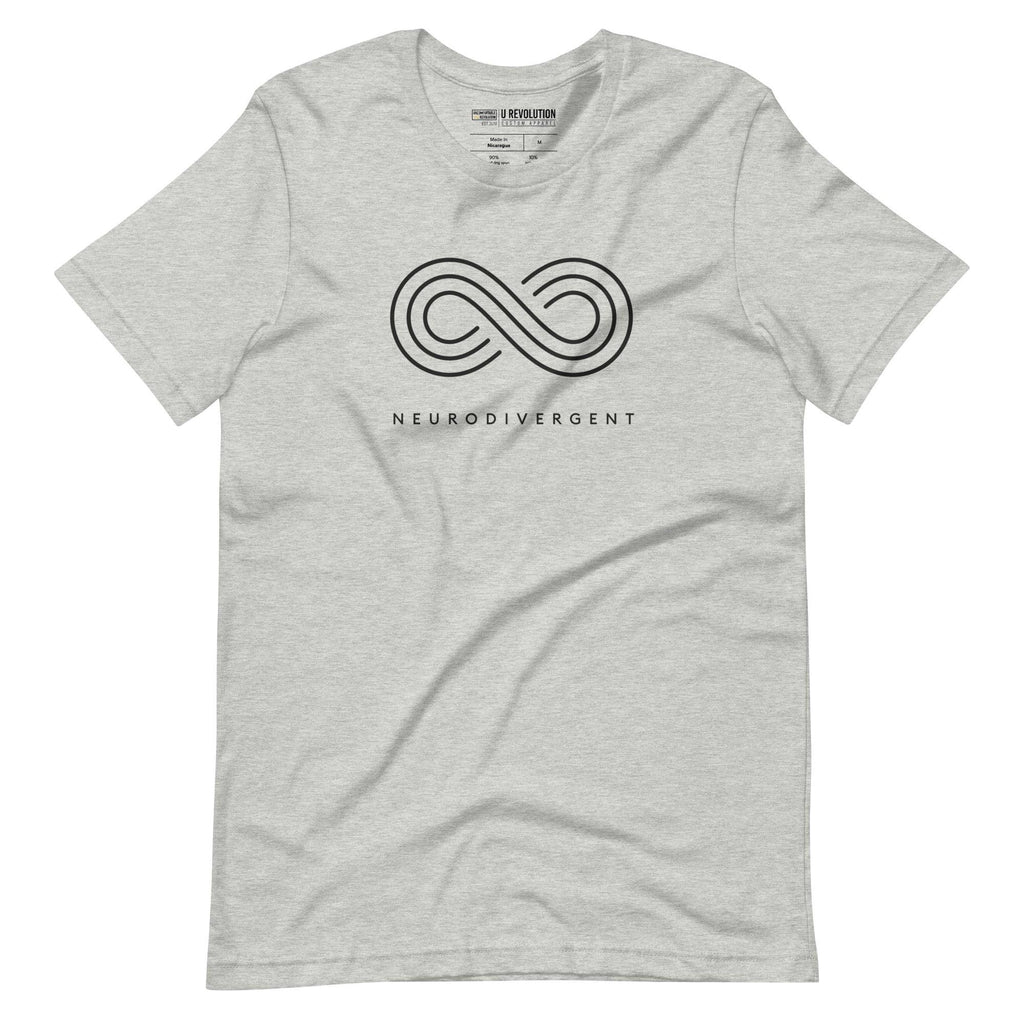 Athletic heather neurodivergent shirt against a plain background. In the top 1/3 of the neurodivergent shirt is an elegant black infinity symbol consisting of three thin white lines. Just below the infinity symbol is the word Neurodivergent in elegant upper case black letters.