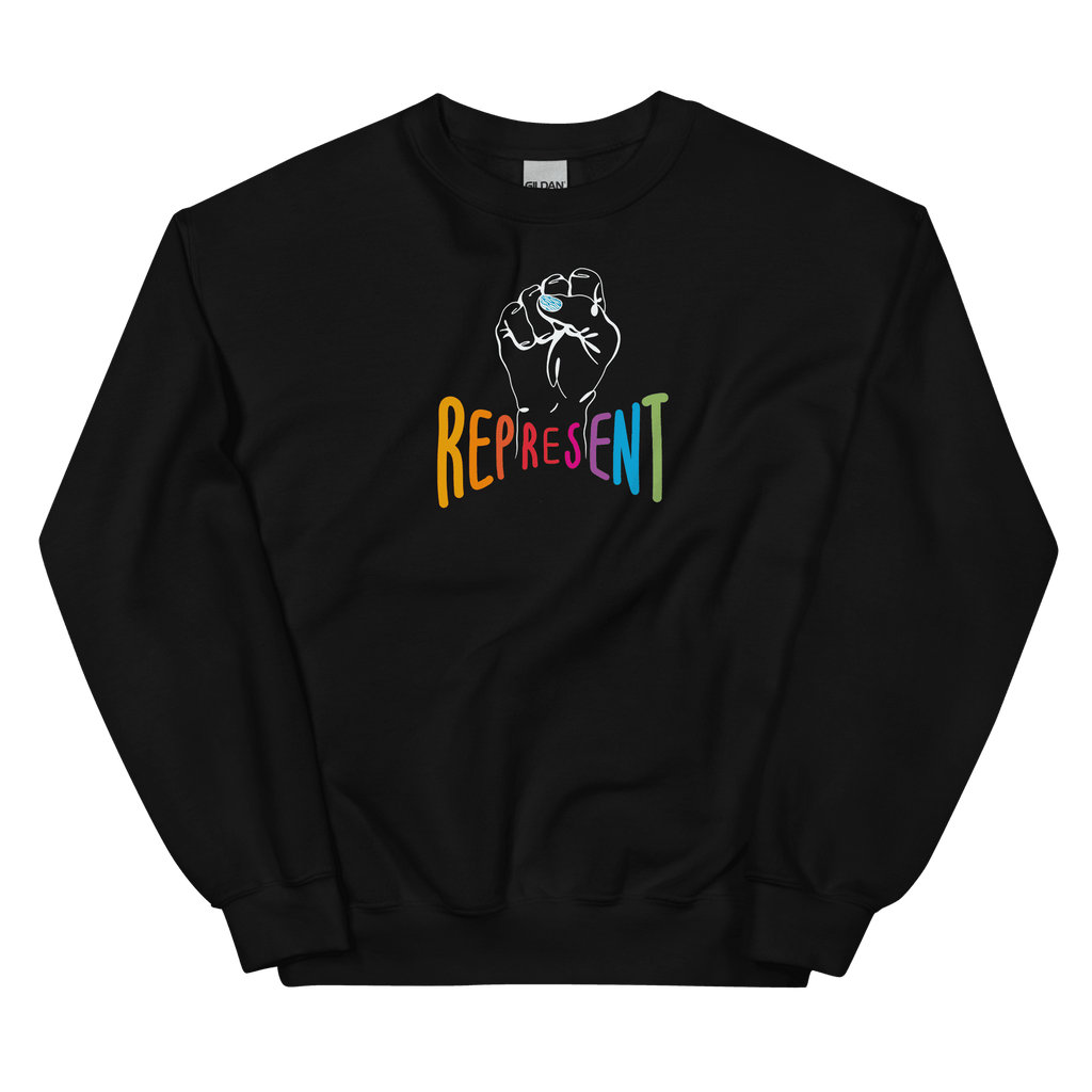 This is a photo of a black represent sweatshirt. In the middle of the represent sweatshirt is a white line drawing of a raised clenched fist, with the handwritten word “represent,” written in upper case rainbow colors.