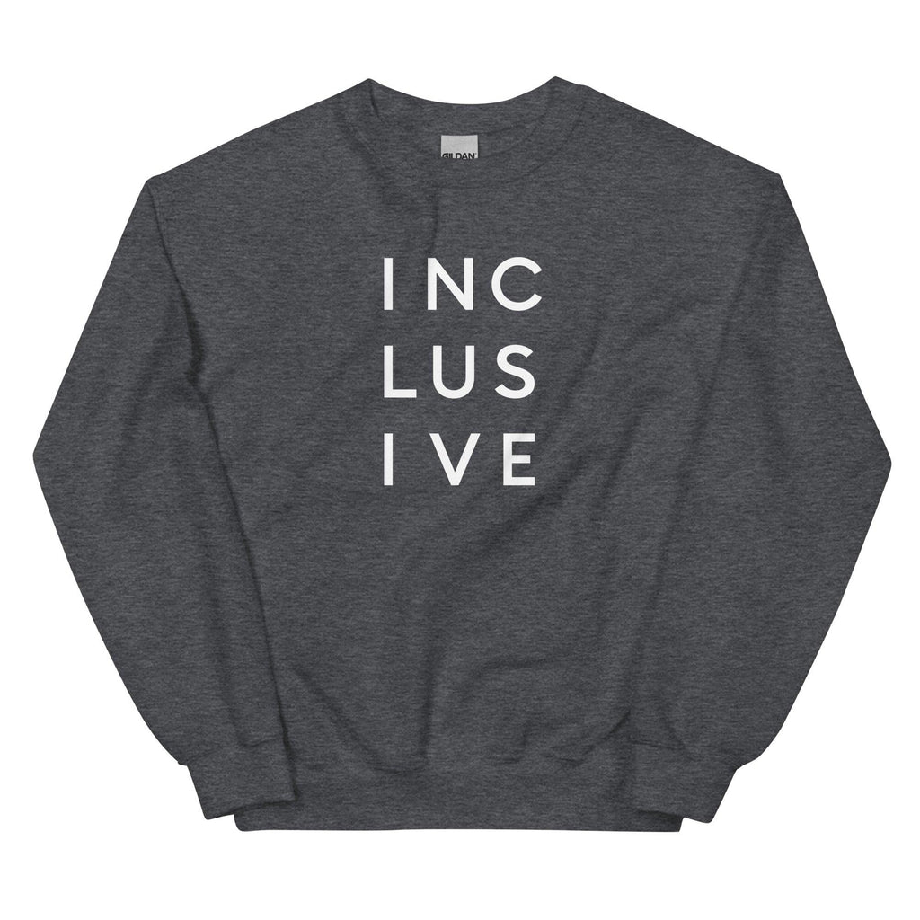 A dark heather INCLUSIVE Statement Sweatshirt – ultra-soft, classic-fit crewneck promoting unity, diversity, and belonging.