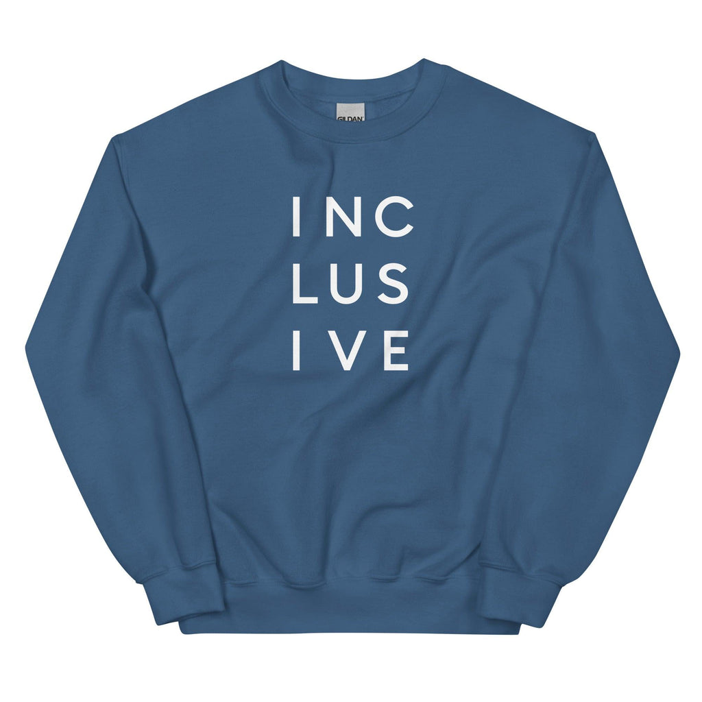 An indigo INCLUSIVE Statement Sweatshirt – ultra-soft, classic-fit crewneck promoting unity, diversity, and belonging.