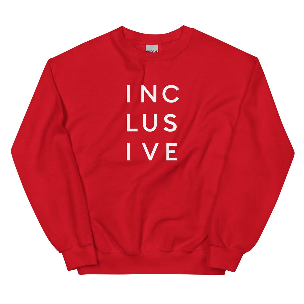 A red INCLUSIVE Statement Sweatshirt – ultra-soft, classic-fit crewneck promoting unity, diversity, and belonging.