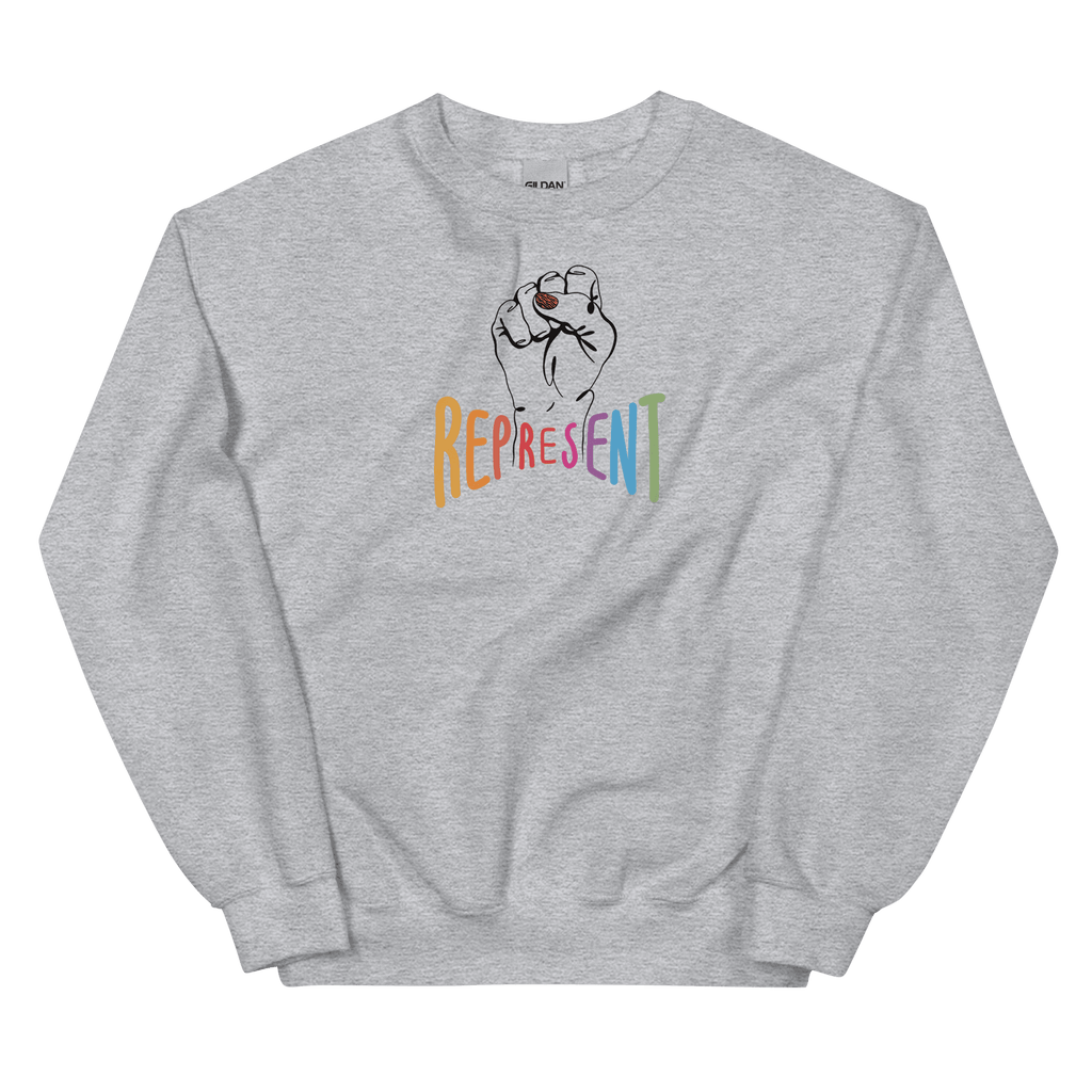 This is a photo of a sport gray represent sweatshirt. In the middle of the represent sweatshirt is a black line drawing of a raised clenched fist, with the handwritten word “represent,” written in upper case rainbow colors.