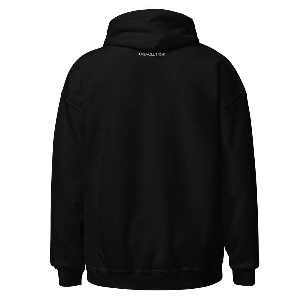 The back of a black Be Inclusive Diversity Hoodie. At the top of the hoodie, just below the hoodie, is the word URevolution in small white upper case letters.