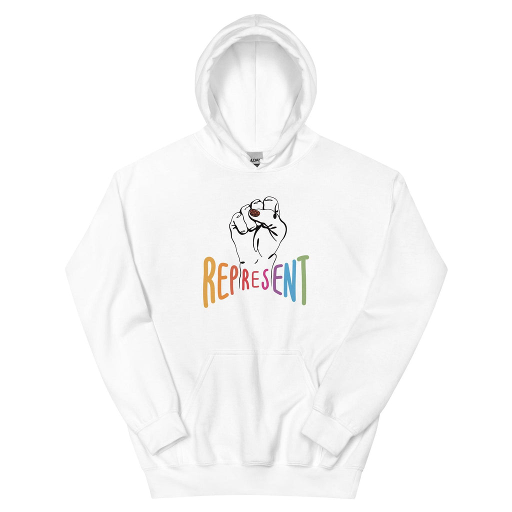 This is a photo of a classic represent hoodie. In the middle of the represent hoodie is a black line drawing of a raised clenched fist, with the handwritten word “represent,” written in upper case rainbow colors.