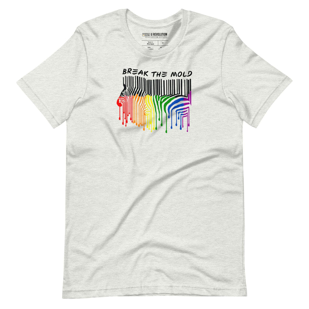 This is a photo of a Break the Mold t-shirt. In the middle of the t-shirt is a graphic of zebra in the silhouette of a barcode. The top half of the zebra are vertical black stripes, which then change just below the back into the colors of the rainbow. The bottom of each stripe has a paint drip mark. Just above the zebra's back is the phrase, in upper case, 'break the mold.'