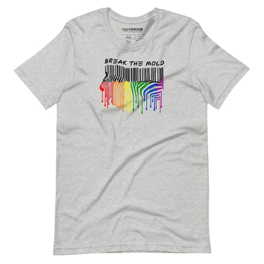This is a photo of a Break the Mold t-shirt. In the middle of the t-shirt is a graphic of zebra in the silhouette of a barcode. The top half of the zebra are vertical black stripes, which then change just below the back into the colors of the rainbow. The bottom of each stripe has a paint drip mark. Just above the zebra's back is the phrase, in upper case, 'break the mold.'