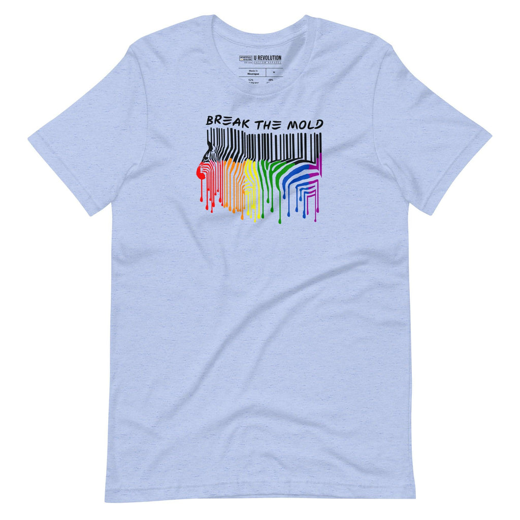 This is a photo of a Break the Mold t-shirt. In the middle of the t-shirt is a graphic of zebra in the silhouette of a barcode. The top half of the zebra are vertical black stripes, which then change just below the back into the colors of the rainbow. The bottom of each stripe has a paint drip mark. Just above the zebra's back is the phrase, in upper case, 'break the mold.'