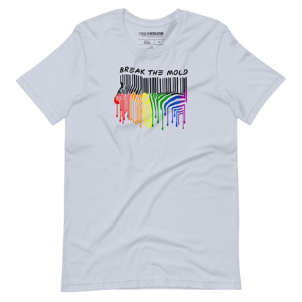 This is a photo of a Break the Mold t-shirt. In the middle of the t-shirt is a graphic of zebra in the silhouette of a barcode. The top half of the zebra are vertical black stripes, which then change just below the back into the colors of the rainbow. The bottom of each stripe has a paint drip mark. Just above the zebra's back is the phrase, in upper case, 'break the mold.'