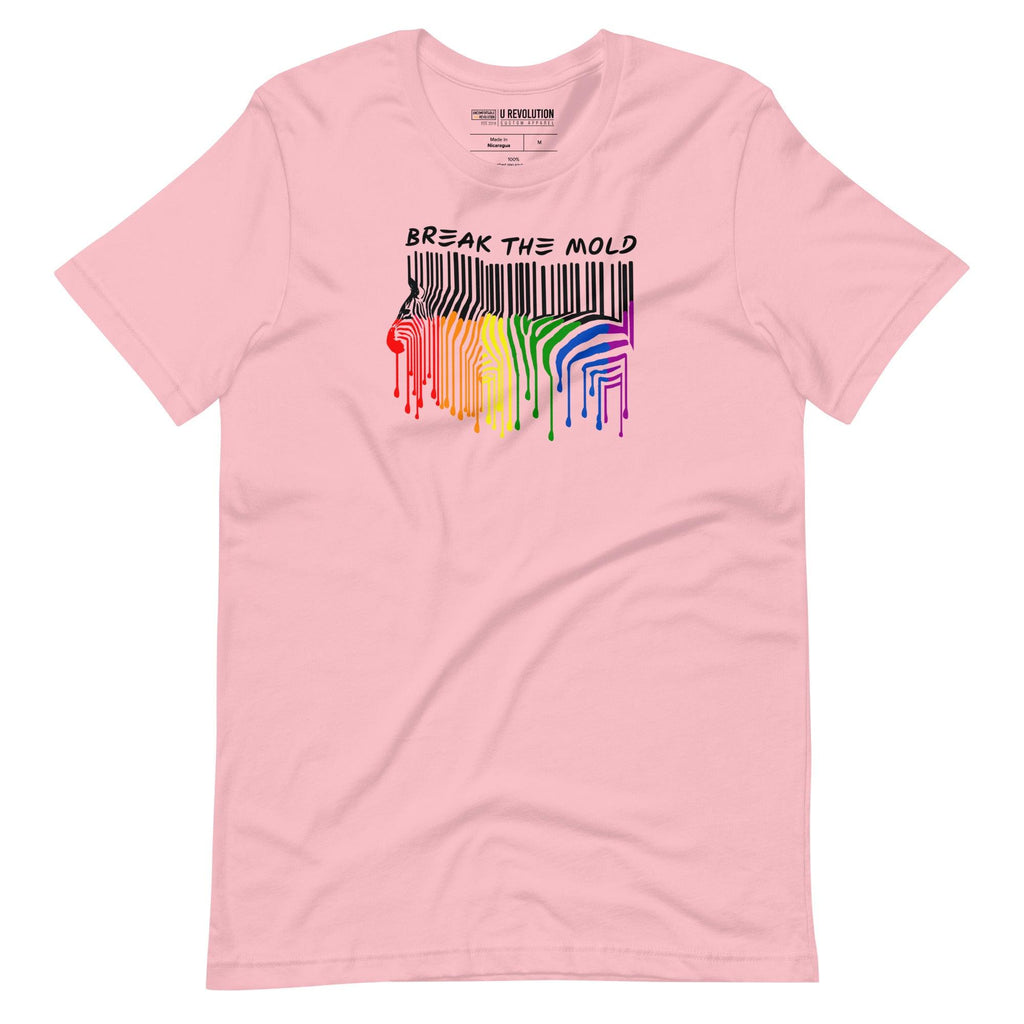This is a photo of a Break the Mold t-shirt. In the middle of the t-shirt is a graphic of zebra in the silhouette of a barcode. The top half of the zebra are vertical black stripes, which then change just below the back into the colors of the rainbow. The bottom of each stripe has a paint drip mark. Just above the zebra's back is the phrase, in upper case, 'break the mold.'