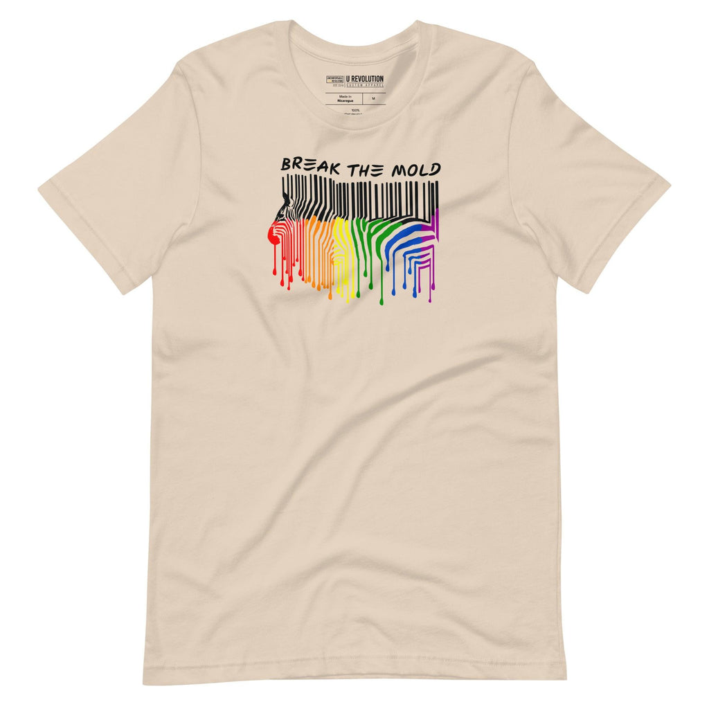 This is a photo of a Break the Mold t-shirt. In the middle of the t-shirt is a graphic of zebra in the silhouette of a barcode. The top half of the zebra are vertical black stripes, which then change just below the back into the colors of the rainbow. The bottom of each stripe has a paint drip mark. Just above the zebra's back is the phrase, in upper case, 'break the mold.'