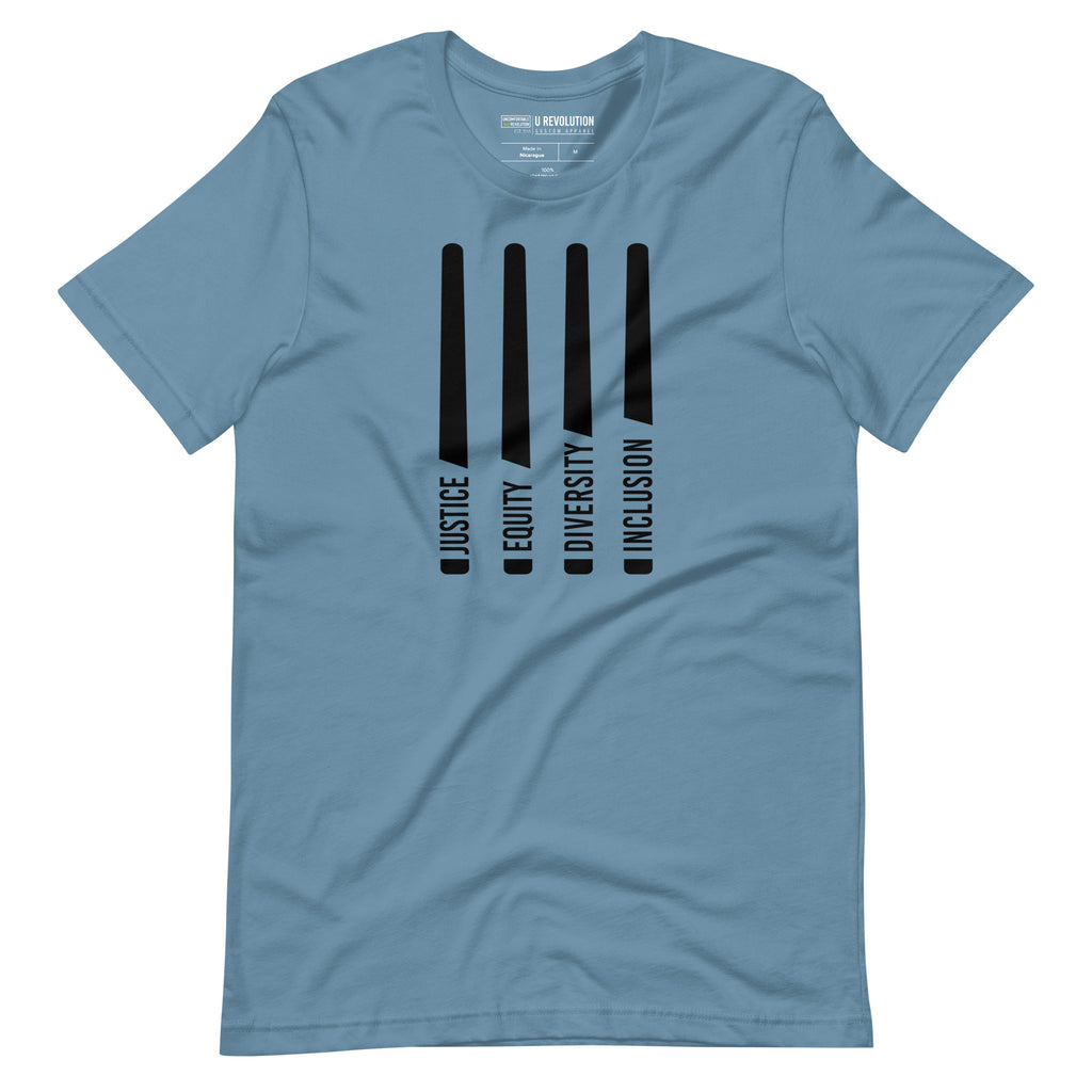A steel blue Justice Equity Diversity Inclusion t-shirt. Four black laser swords are in the middle of the shirt. At the bottom of each sword representing the sword, handle is one word: Justice Equity Diversity Inclusion.