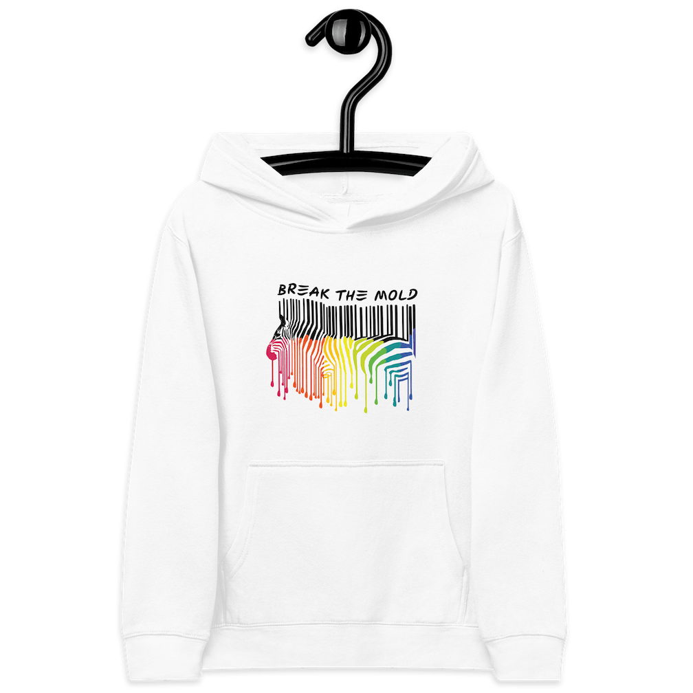 A photo of a kids Break the Mold hoodie. In the middle of the hoodie is a graphic of zebra in the silhouette of a barcode. The top half of the zebra are vertical black stripes, which then change just below the back into the colors of the rainbow. The bottom of each stripe has a paint drip mark. Just above the zebra's back is the phrase, in upper case, 'break the mold.'