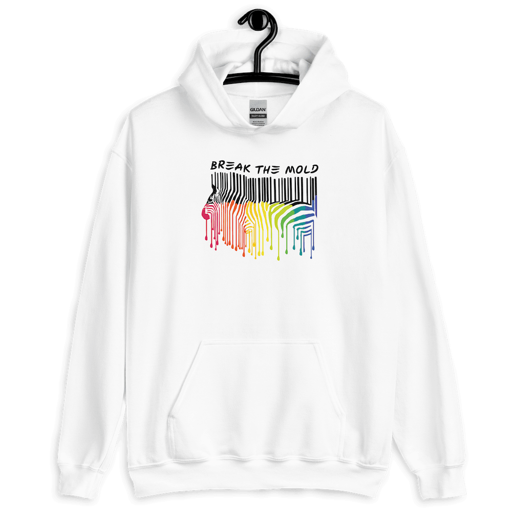 This is a photo of a white Break the Mold hoodie. In the middle top one-third of the hoodie is a zebra graphic in the silhouette of a barcode. The top half of the zebra are vertical black stripes, which then change just below the back into the colors of the rainbow. The bottom of each stripe has a paint drip mark. Just above the zebra's back is the phrase, in upper case, 'break the mold.'  The hoodie is displayed on a black hanger.