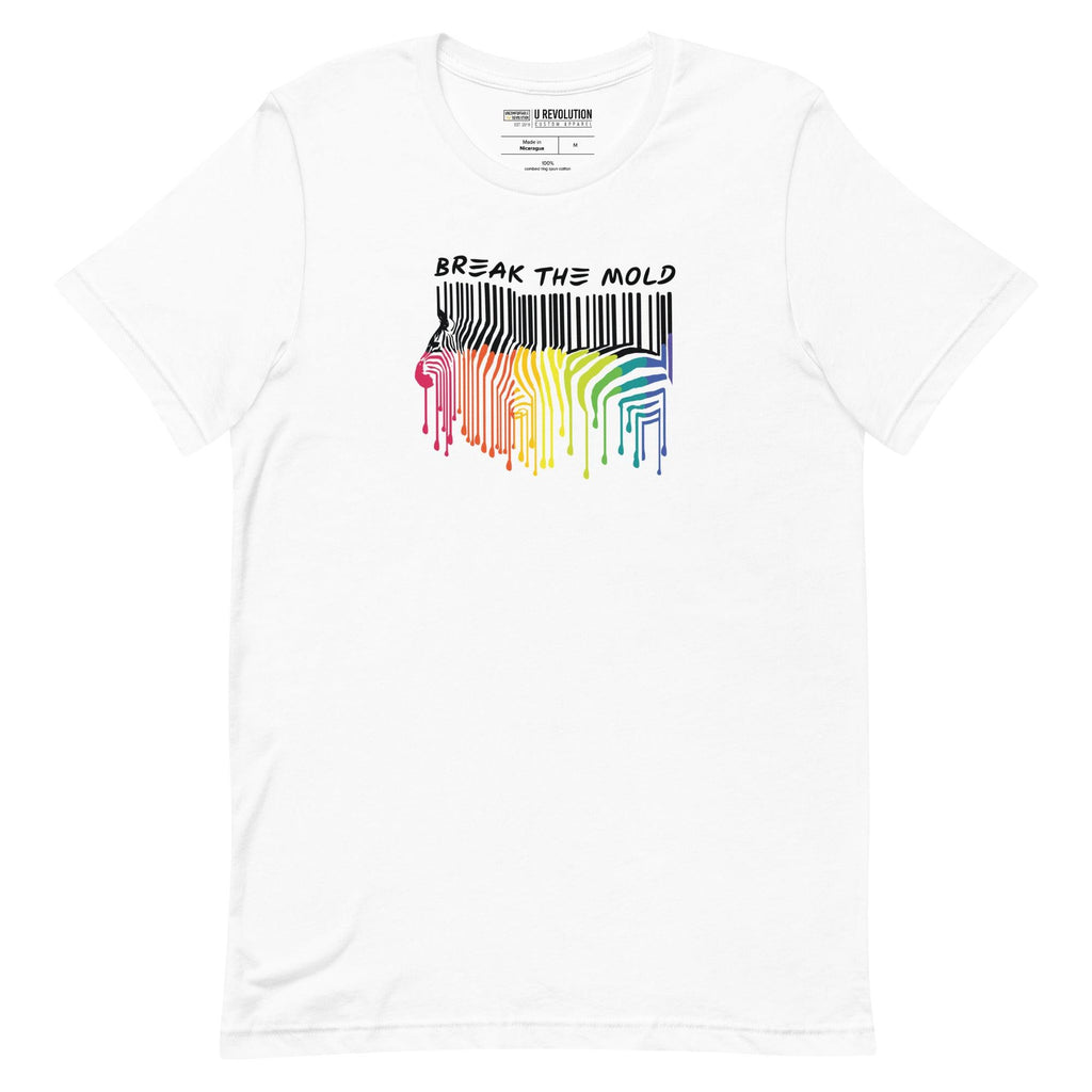 This is a photo of a Break the Mold t-shirt. In the middle of the t-shirt is a graphic of zebra in the silhouette of a barcode. The top half of the zebra are vertical black stripes, which then change just below the back into the colors of the rainbow. The bottom of each stripe has a paint drip mark. Just above the zebra's back is the phrase, in upper case, 'break the mold.' 