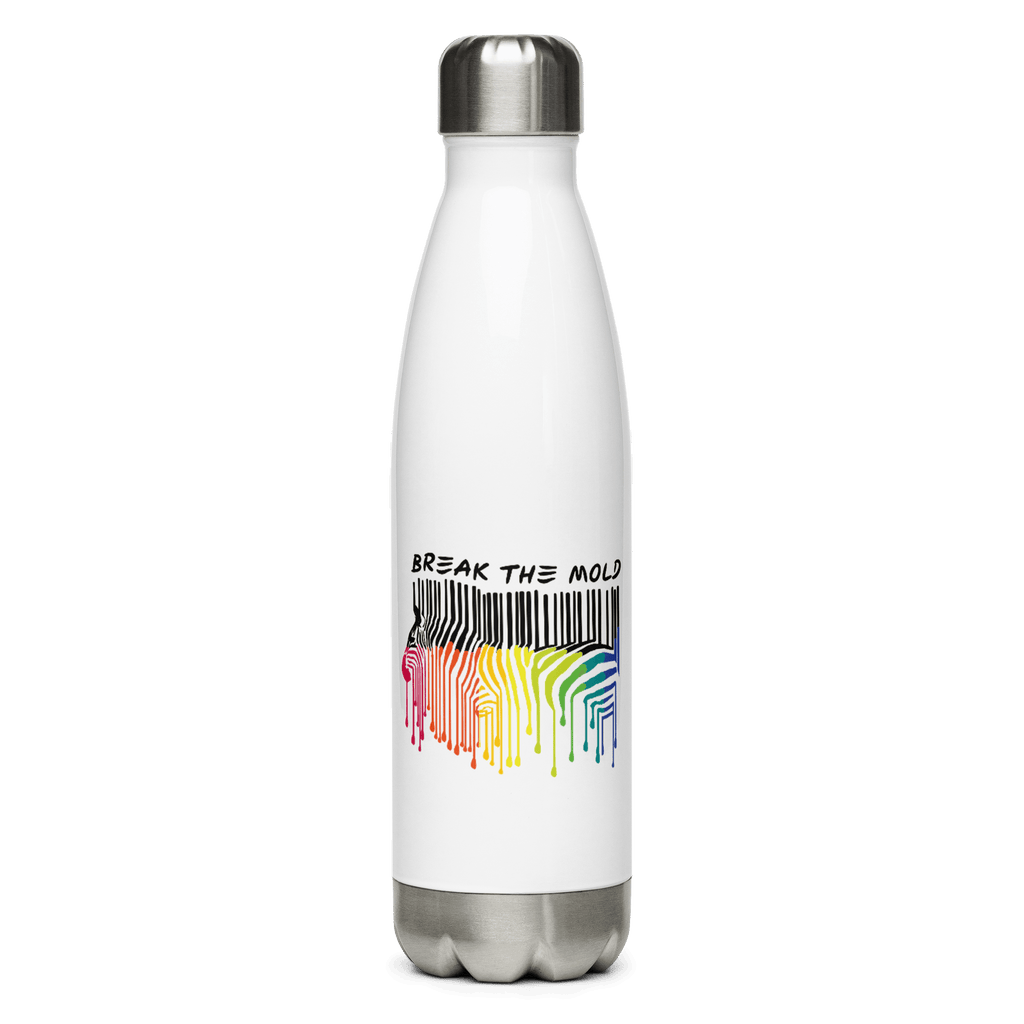 This is a photo of a white Break the Mold water bottle. In the middle of the water bottle is a graphic of zebra in the silhouette of a barcode. The top half of the zebra are vertical black stripes, which then change just below the back into the colors of the rainbow. The bottom of each stripe has a paint drip mark. Just above the zebra's back is the phrase, in upper case, 'break the mold.' On the other side of Break the Mold water bottle is the word "URevolution" in small black upper case letters.