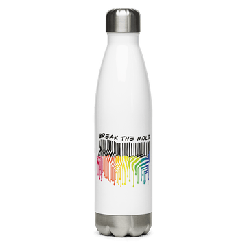 This is a photo of a white Break the Mold water bottle. In the middle of the water bottle is a graphic of zebra in the silhouette of a barcode. The top half of the zebra are vertical black stripes, which then change just below the back into the colors of the rainbow. The bottom of each stripe has a paint drip mark. Just above the zebra's back is the phrase, in upper case, 'break the mold.' On the other side of Break the Mold water bottle is the word "URevolution" in small black upper case letters.