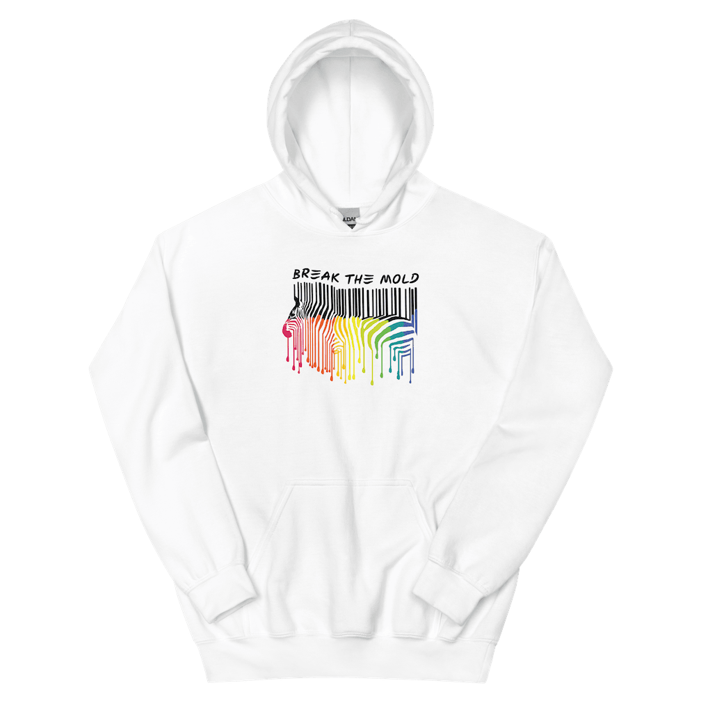 This is a photo of a white Break the Mold hoodie. In the middle top one-third of the hoodie is a zebra graphic in the silhouette of a barcode. The top half of the zebra are vertical black stripes, which then change just below the back into the colors of the rainbow. The bottom of each stripe has a paint drip mark. Just above the zebra's back is the phrase, in upper case, 'break the mold.' 