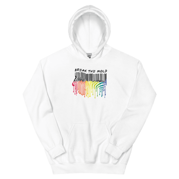 This is a photo of a white Break the Mold hoodie. In the middle top one-third of the hoodie is a zebra graphic in the silhouette of a barcode. The top half of the zebra are vertical black stripes, which then change just below the back into the colors of the rainbow. The bottom of each stripe has a paint drip mark. Just above the zebra's back is the phrase, in upper case, 'break the mold.' 