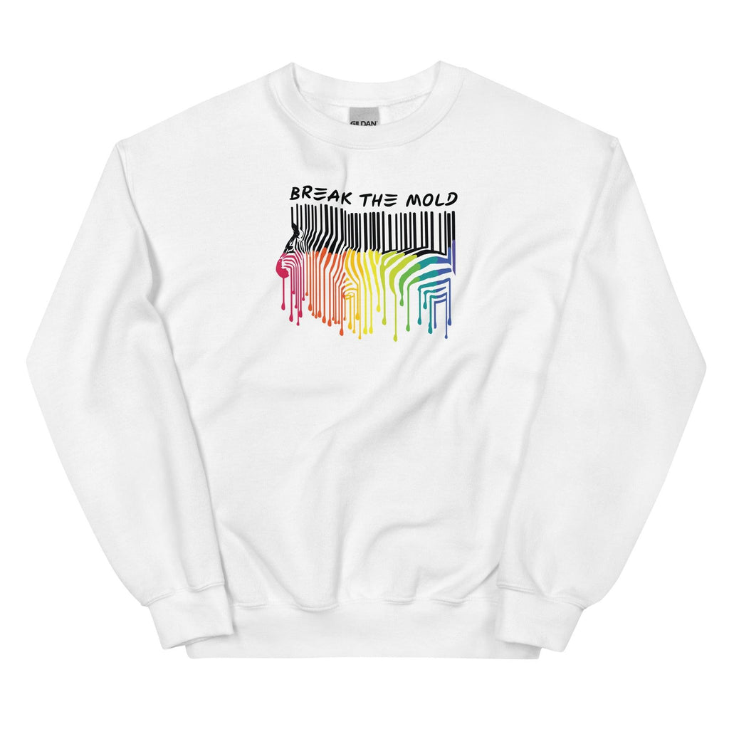 An image of a white sweatshirt against a plain background. In the middle of the sweatshirt is a graphic of zebra in the silhouette of a barcode. The top half of the zebra are vertical black stripes, which then change just below the back into the colours of the rainbow. The bottom of each stripe has a paint drip mark. Just above the zebra's back is the phrase, in upper case, 'break the mold.'
