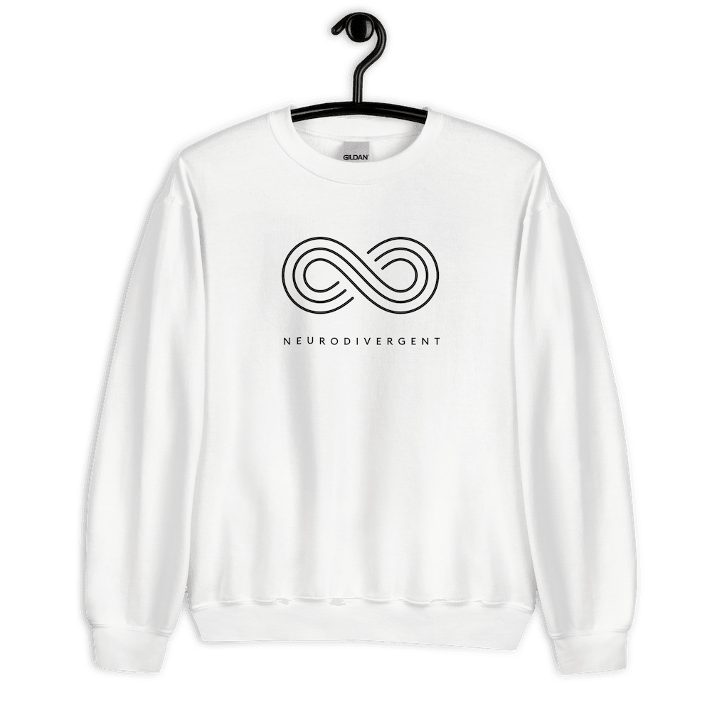 This is a photo of a white neurodivergent sweatshirt. In the top middle third of the sweatshirt is an elegant black infinity symbol consisting of three thin black lines. Just below the symbol is the word Neurodivergent in elegant upper case black letters.